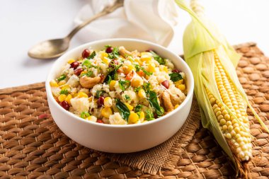 Sweet Corn Upma, makai rava uppittu made using with or without semolina , healthy Indian breakfast