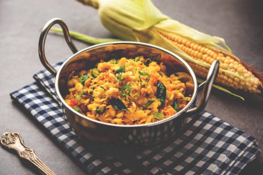 Sweet Corn Upma, makai rava uppittu made using with or without semolina , healthy Indian breakfast