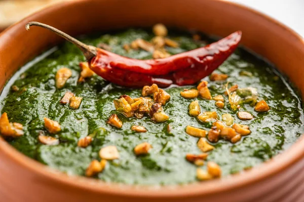 Lasooni Palak Recipe Dhaba Style Garlic Spinach Curry Indian Main — Stock fotografie