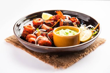 Tandoori Soya Chaap or soy chap dish prepared by marinating in tandoori spices, closeup view