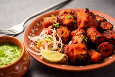 Tandoori Soya Chaap or soy chap dish prepared by marinating in tandoori spices, closeup view