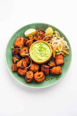 Tandoori Soya Chaap or soy chap dish prepared by marinating in tandoori spices, closeup view