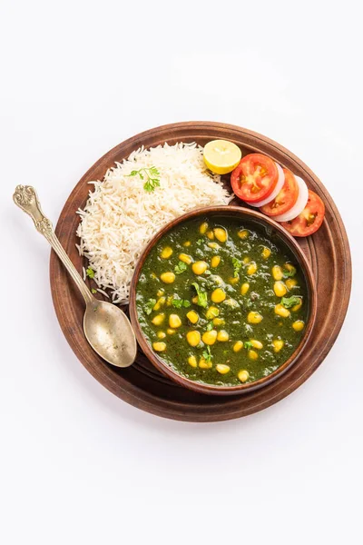 Palak Sweet Corn Sabzi Also Known Spinach Makai Curry Sabji — Stockfoto