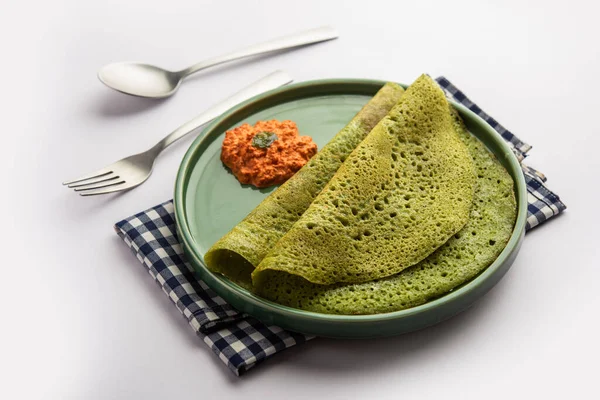Palak Dosa Made Using Mixing Spinach Keerai Batter Served Red — Stock Photo, Image