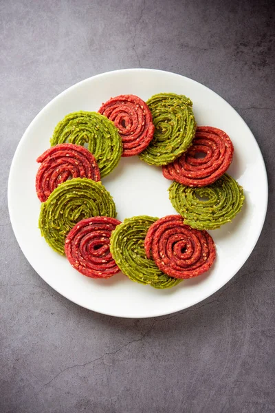 Palak Beetroot Chakli Murukku Made Using Spinach Beetroot — Stock Photo, Image