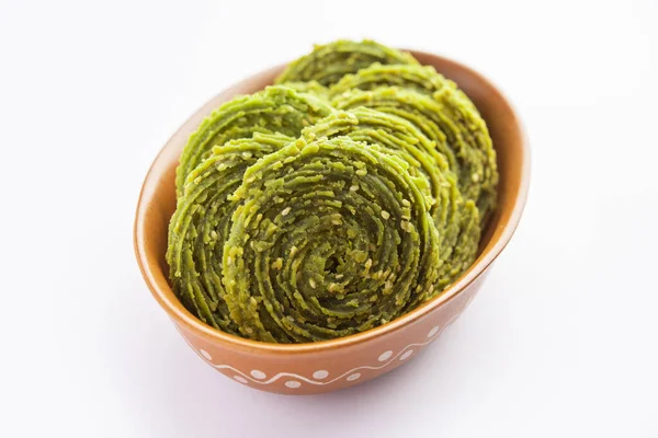 Palak Chakli Spinach Murukku Healthy Indian Festival Tea Time Snack — Stock Photo, Image