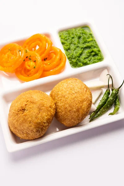 Kachori Jalebi Snack Combination India Also Called Kachauri Kachodi Katchuri — Stock Photo, Image