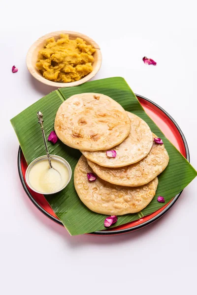 Puran Poli Puran Roti Holige Obbattu Oder Bobbattlu Ist Indisches — Stockfoto