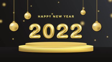 Yeni yılın kutlu olsun 2022 Podyumda Arka plan Şablonu. 3D Balon Numarası 2022 'nin Lüks Tatil Vektör İlülasyonu. Lüks 2022 Altın Helyum Balon Numarası Arkaplan