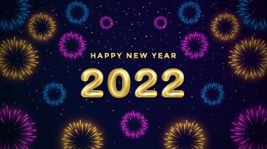 Düzenlenebilir gerçekçi 2022 numara balonu. Parlak Renkli Havai fişeklerle birlikte. Koyu Mavi Arkaplan 'da parlak ışık altında. Yeni Yıl Havai fişek Vektörü İllüstrasyonun kutlu olsun. Havai fişek Festivali Pankartı