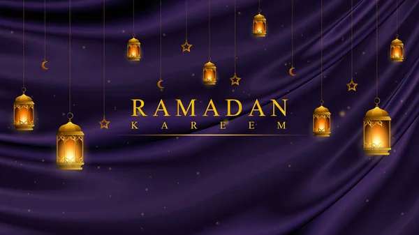 Ramadan Kareem Saudação Fundo Islâmico Com Lanterna Ouro Fundo Roxo —  Vetores de Stock