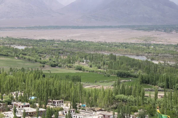 Leh, Kashmir, 11 Temmuz 2022: Himalaya 'nın arka planına sahip Leh şehri Jamu ve Kaşmir' in üst açı görüntüsü