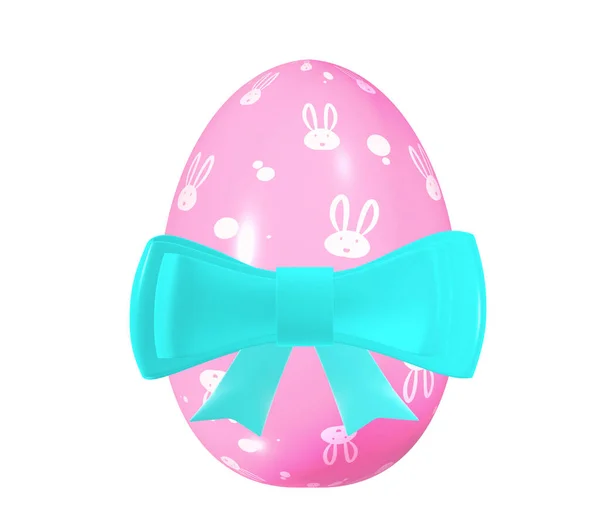 Uovo Pasqua Rosa Con Fiocco Blu Disegno Conigli Illustrazione — Foto Stock