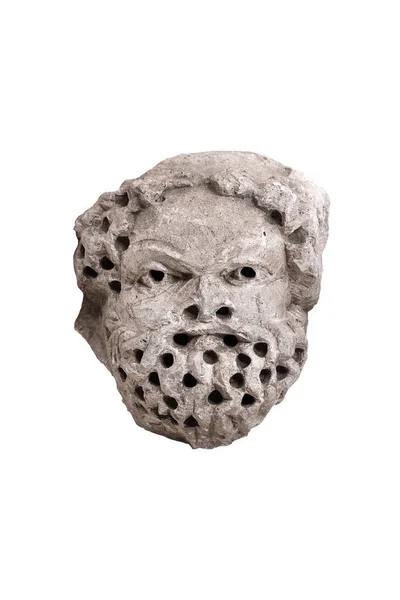 Старомодный Мужчина Каменная Статуя Голова Открытым Ртом Отверстия Волосах Бороде — стоковое фото