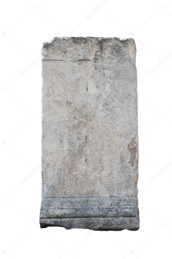 front view closeup of large square fragment of antique classical stone column with weathered texture isolated on white background