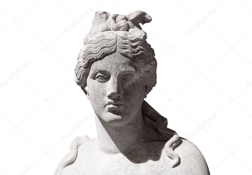 front view closeup of woman antique white marble bust statue isolated on white background