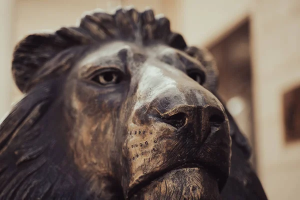 Vue Face Gros Plan Vieille Tête Statue Lion Bronze Altérée — Photo