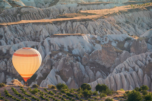 landscape with lonely white hot air balloon rising over the Cappadocian valley panorama in the morning light with chimney rock formations in the foreground