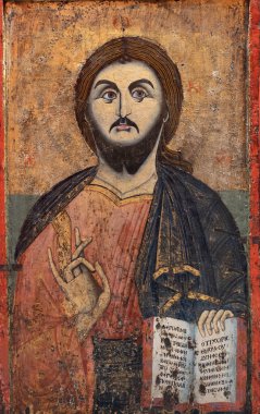 SKOPJE, NORTH MACEDONIA - 18 Ağustos 2021: Cifte Hamam Müzesinde İsa 'nın antik ahşap ikonu