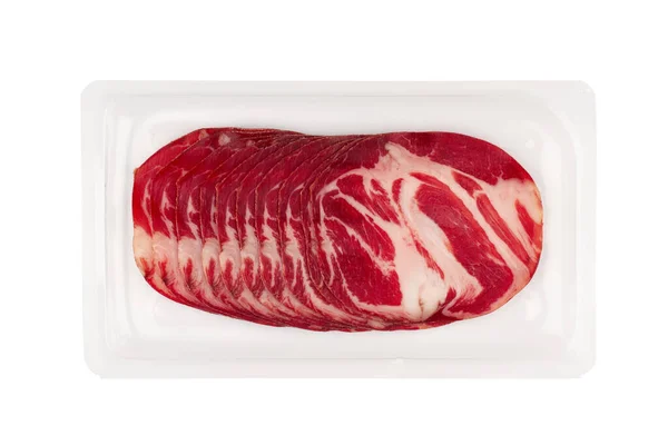Vista Superior Fatias Presunto Lombo Porco Defumado Com Cor Vermelha Imagem De Stock