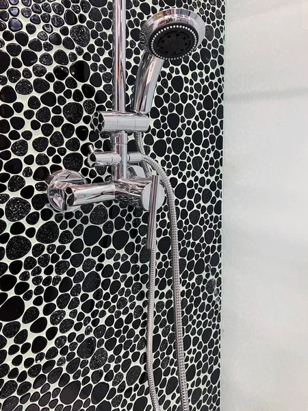 Front View Closeup Shower Cabin Chrome Head Faucet Decorated Black — Stock Photo, Image