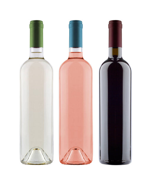 front view of rose white and red wine bottles with assorted colored caps isolated on white background
