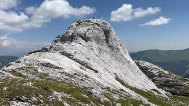 Magnifique Panorama Montagne Calcaire Blanc Avec Herbe Verte Fleurs Contre — Video