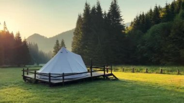 rear view of white glamping tent on wooden deck in green meadow surrounded by fir tree forest at sunrise