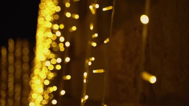 Προοπτική Άποψη Closeup Των Χριστουγέννων Διακοσμητικά Ζεστά Μικρά Φώτα Led — Αρχείο Βίντεο
