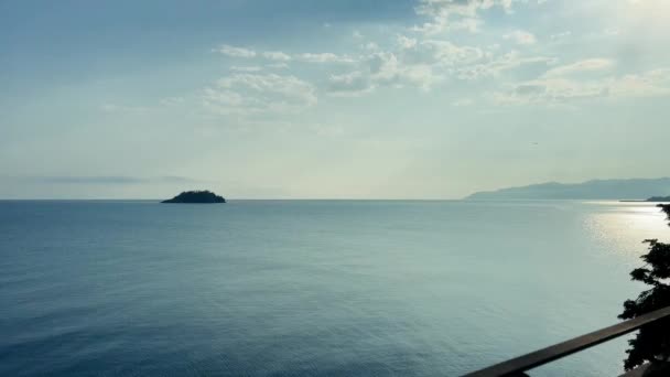 黒海に浮かぶ小さなジレサン島のパノラマと空と鳥が空を飛んでいる — ストック動画