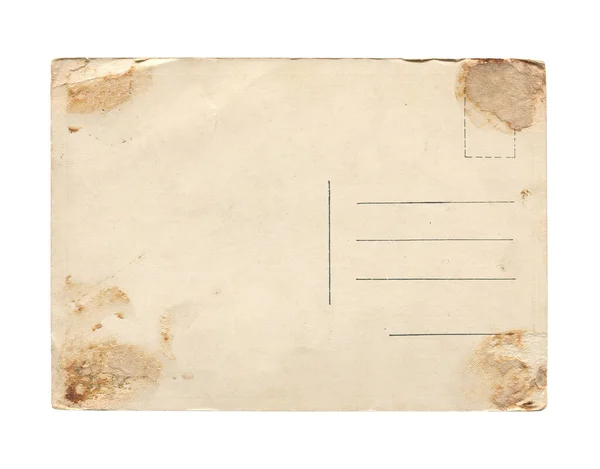 前景特写旧式空白旧纸明信片的质感 邮票印迹褪色 白色上有褐色污迹 — 图库照片