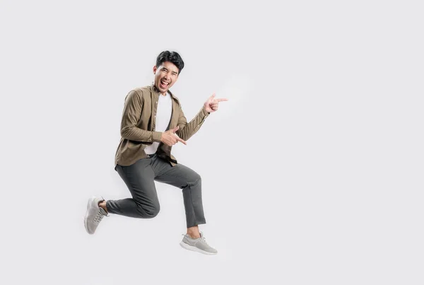 Full Length Excited Handsome Young Asian Man Jumping Air Hand — ストック写真