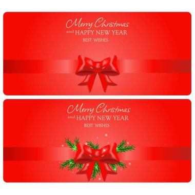 Kırmızı kurdeleli iki Noel hediyesi kartı. Davetiye, kredi kartı ya da indirim kartı tasarımı için vektör şablonu..
