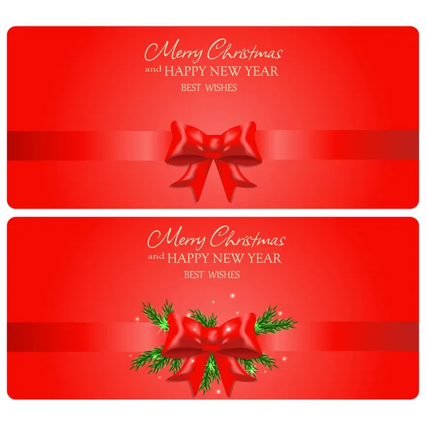 Set Two Christmas Red Gift Cards Red Bow Ribbon Vector — Stock Vector