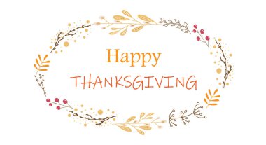 Şükran Günü tebrik kartı. Sonbahar yaprakları, böğürtlenler ve yazıtlarla vektör illüstrasyonu..