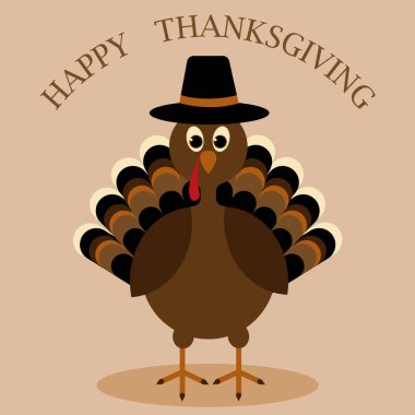 Şapkalı çizgi film hindisiyle Şükran Günü. Vektör illüstrasyonu..