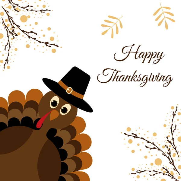 Şapkalı, güz yapraklı ve dallı hindili Şükran Günü. Tebrikler ders. Vektör illüstrasyonu..