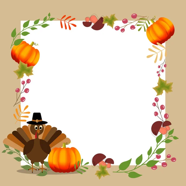 Thanksgiving Greeting Card Vector Illustration Turkey Hat Pumpkin Autumn Leaves — Stock Vector