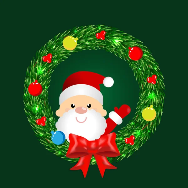 Kerst Krans Met Een Rode Strik Kerstballen Kerstman Binnen Vector — Stockvector