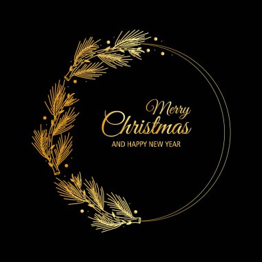 Altın rengi köknar dalları, Noel çelengi. Kartlarınız, afişleriniz, afişleriniz, posterleriniz, davetiyeleriniz için modern tasarım. Siyah arka planda izole edilmiş..