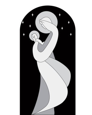 Kollarında bebek İsa 'yla Bakire Meryem. Siyah beyaz Noel illüstrasyonuyla..
