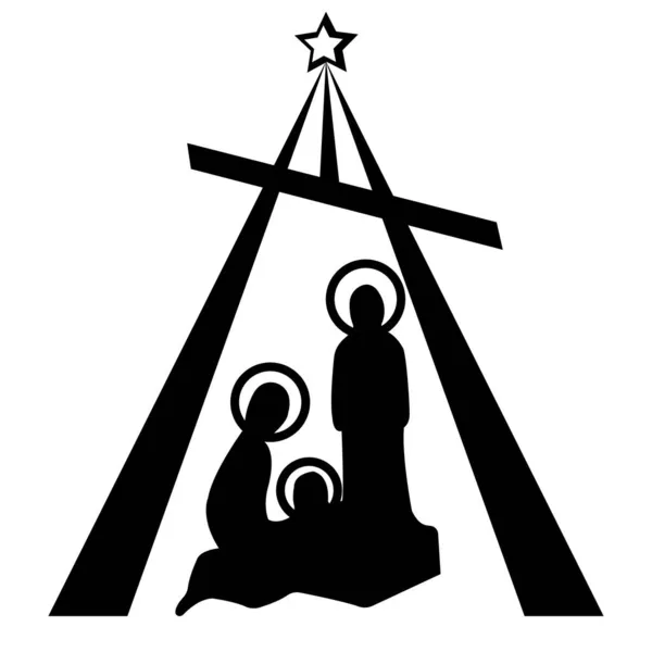 Bebek İsa 'nın Meryem ve Josephle birlikte bir ahırda doğum sahnesi. Vektör illüstratörü. Simge, pencere dekorasyonu..