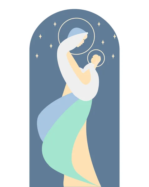 Kollarında bebek İsa 'yla Bakire Meryem. Pastel renklerle Noel illüstrasyonu..