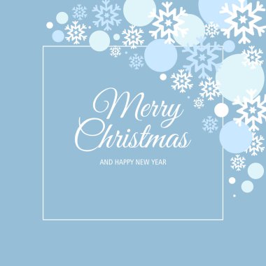 Kar taneleri ile kış mavisi arkaplan ve metin için boş bir çerçeve. Mutlu Noeller ve yeni yıl arkaplanı. Tasarım elementi. Vektör illüstrasyonu.