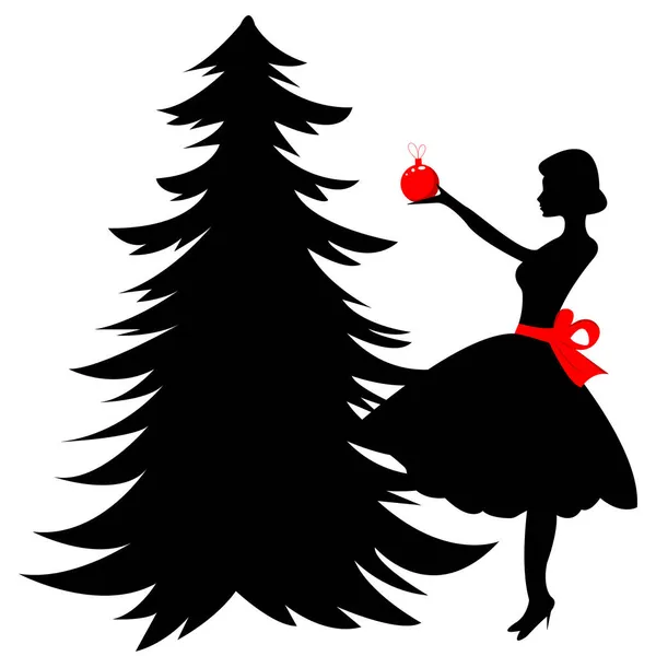 Silhouette Eines Weihnachtsbaums Und Ein Mädchen Einem Kleid Ein Mädchen — Stockvektor