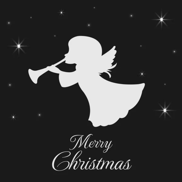 Eski Noel tebrik kartı, içinde melek üfleyen trompet ve yıldızların silueti olan davetiye. Mutlu Noeller mesajı. Vektör illüstrasyonu, fırça izleri..