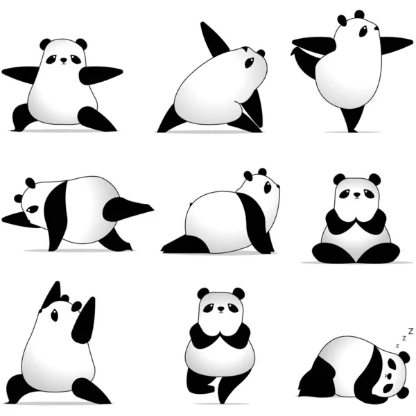 Insamling Handritning Panda Yoga Platt Design Vektor Illustration — Stock vektor