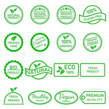 Organik gıda, tarım taze ve doğal ürünler. İkon koleksiyonu, gıda pazarı, e-ticaret, organik gıda tanıtımı, sağlıklı yaşam ve kaliteli yiyecek ve içecekler için çıkartmalar ve etiketler..