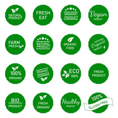  Organik gıda, tarım taze ve doğal ürünler. İkon koleksiyonu, gıda pazarı, e-ticaret, organik gıda tanıtımı, sağlıklı yaşam ve kaliteli yiyecek ve içecekler için çıkartmalar ve etiketler..