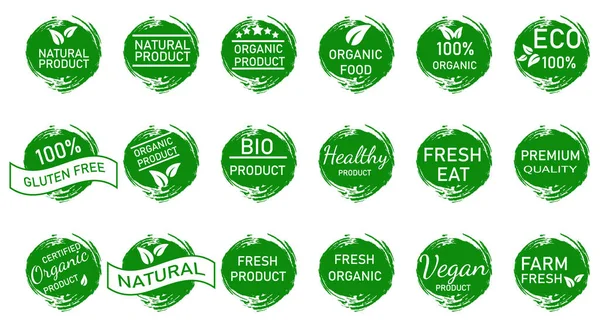 Organik gıda, taze ve doğal ürünler. Simge koleksiyonu, gıda pazarı etiketleri ve etiketleri, e-ticaret, organik gıda tanıtımı, sağlıklı yaşam. Vektör grunge fırçası.